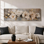 A panoramic textured painting of large white magnolia flowers arranged across a soft neutral background with layered petals and gold accented leaves, rendered with thick painterly brushstrokes that create depth and texture while the blossoms stretch across the wide horizontal composition.
