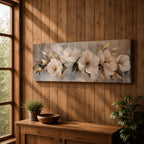 A panoramic textured painting of large white magnolia flowers arranged across a soft neutral background with layered petals and gold accented leaves, rendered with thick painterly brushstrokes that create depth and texture while the blossoms stretch across the wide horizontal composition.