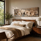 A panoramic textured painting of large white magnolia flowers arranged across a soft neutral background with layered petals and gold accented leaves, rendered with thick painterly brushstrokes that create depth and texture while the blossoms stretch across the wide horizontal composition.
