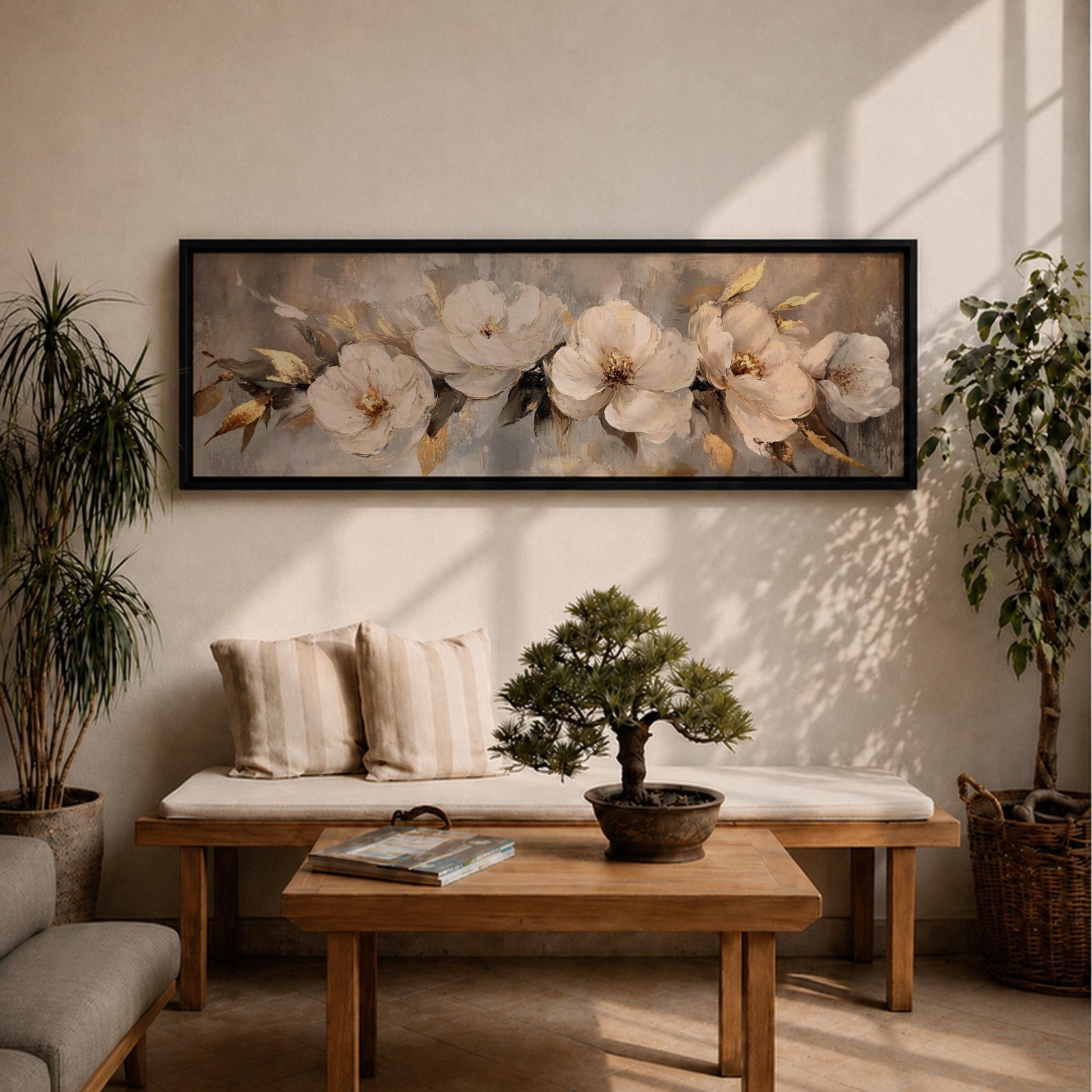 A panoramic textured painting of large white magnolia flowers arranged across a soft neutral background with layered petals and gold accented leaves, rendered with thick painterly brushstrokes that create depth and texture while the blossoms stretch across the wide horizontal composition.