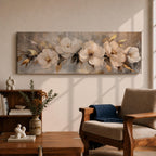 A panoramic textured painting of large white magnolia flowers arranged across a soft neutral background with layered petals and gold accented leaves, rendered with thick painterly brushstrokes that create depth and texture while the blossoms stretch across the wide horizontal composition.