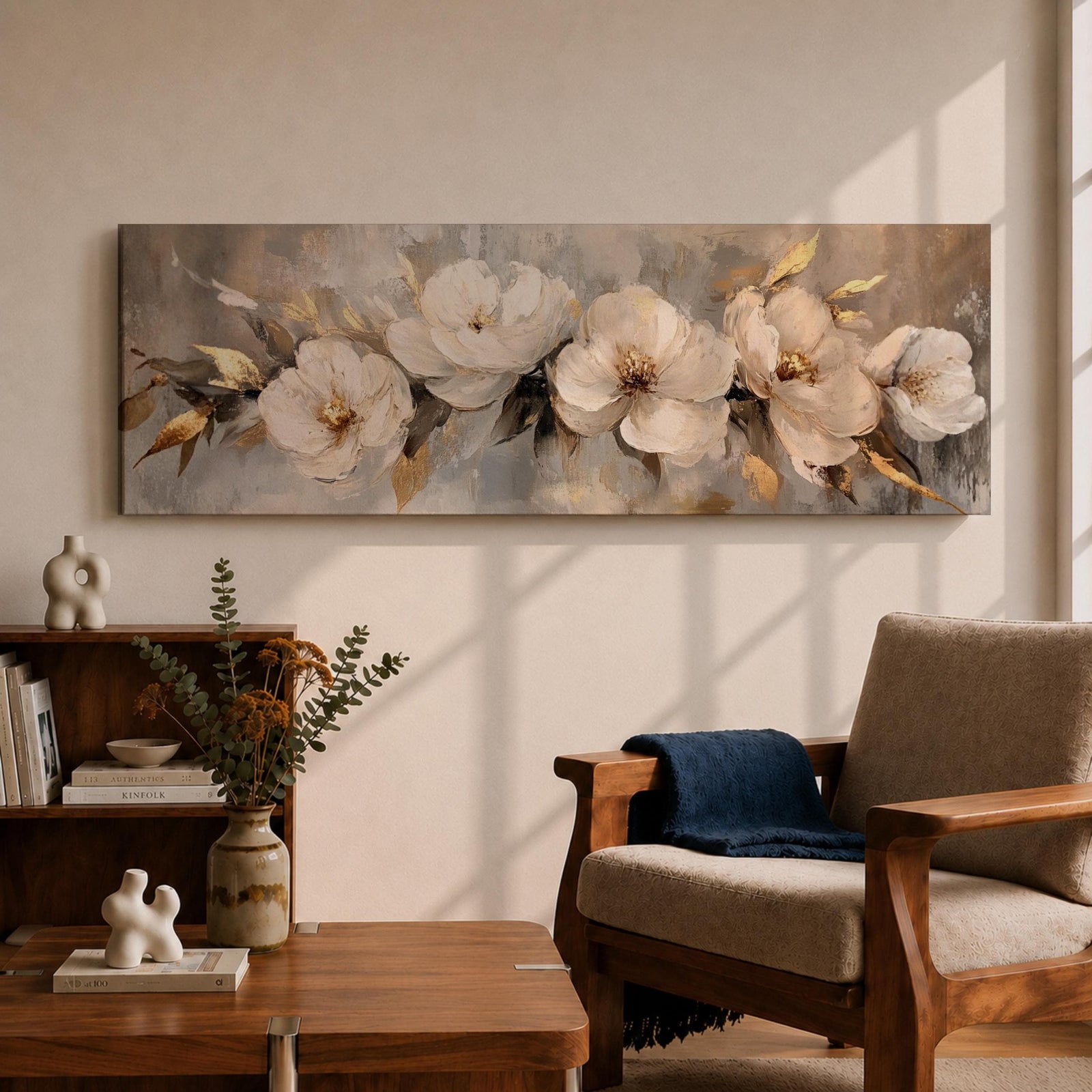 A panoramic textured painting of large white magnolia flowers arranged across a soft neutral background with layered petals and gold accented leaves, rendered with thick painterly brushstrokes that create depth and texture while the blossoms stretch across the wide horizontal composition.