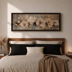 A panoramic textured painting of large white magnolia flowers arranged across a soft neutral background with layered petals and gold accented leaves, rendered with thick painterly brushstrokes that create depth and texture while the blossoms stretch across the wide horizontal composition.