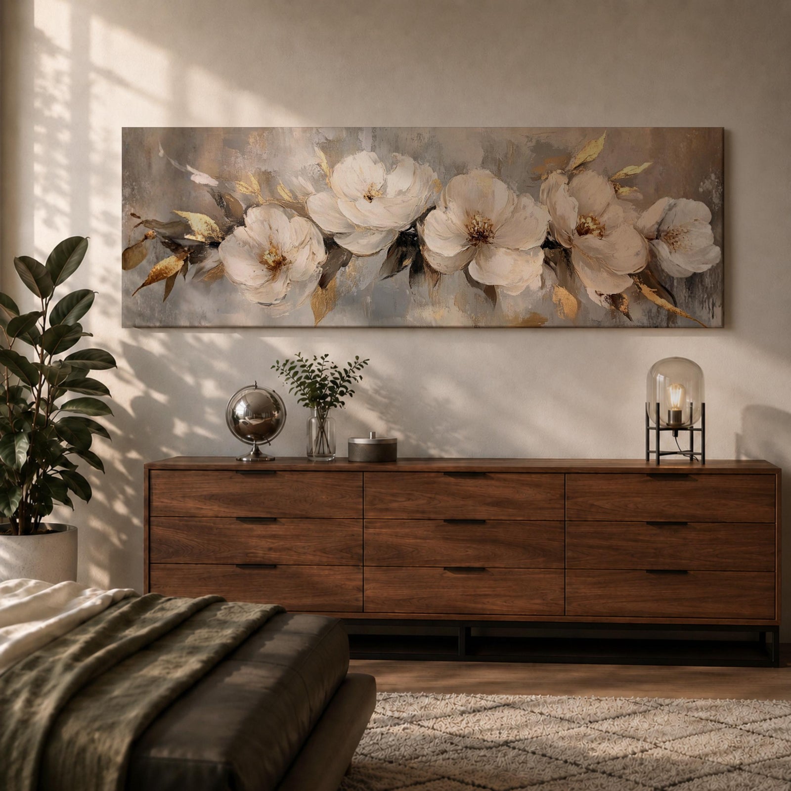 A panoramic textured painting of large white magnolia flowers arranged across a soft neutral background with layered petals and gold accented leaves, rendered with thick painterly brushstrokes that create depth and texture while the blossoms stretch across the wide horizontal composition.