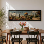 A panoramic painting of the Dome of the Rock with its golden dome rising above a landscaped garden and pathway, surrounded by cypress trees and flowers, with elegant Arabic calligraphy flowing across the sky while the Jerusalem skyline appears softly in the background.