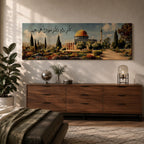 A panoramic painting of the Dome of the Rock with its golden dome rising above a landscaped garden and pathway, surrounded by cypress trees and flowers, with elegant Arabic calligraphy flowing across the sky while the Jerusalem skyline appears softly in the background.