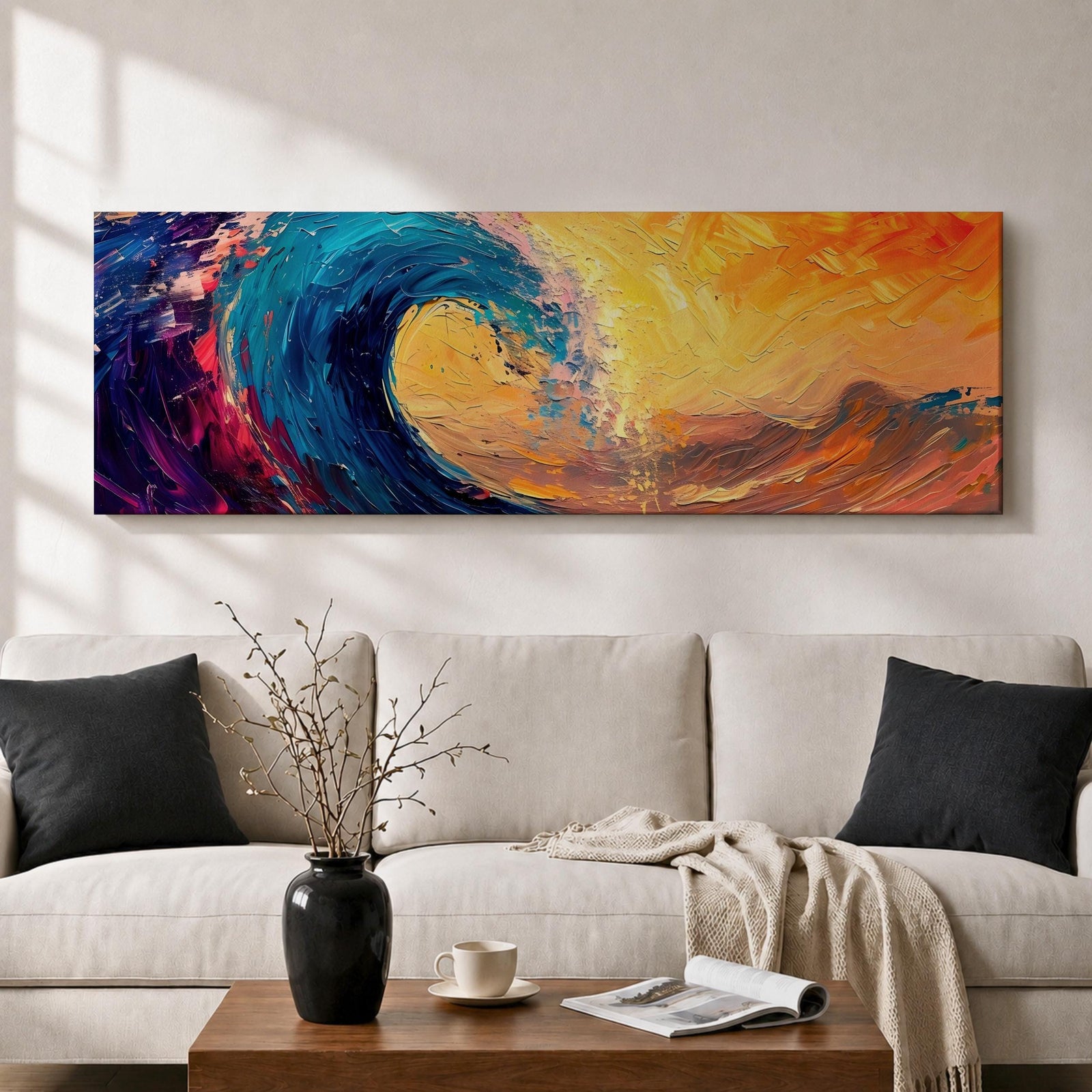A panoramic abstract painting of a powerful ocean wave curling across the composition with thick expressive brushstrokes in deep blue, teal, orange, and gold tones, blending dramatic sunset colors with textured motion as the wave rises against a vibrant glowing sky.
