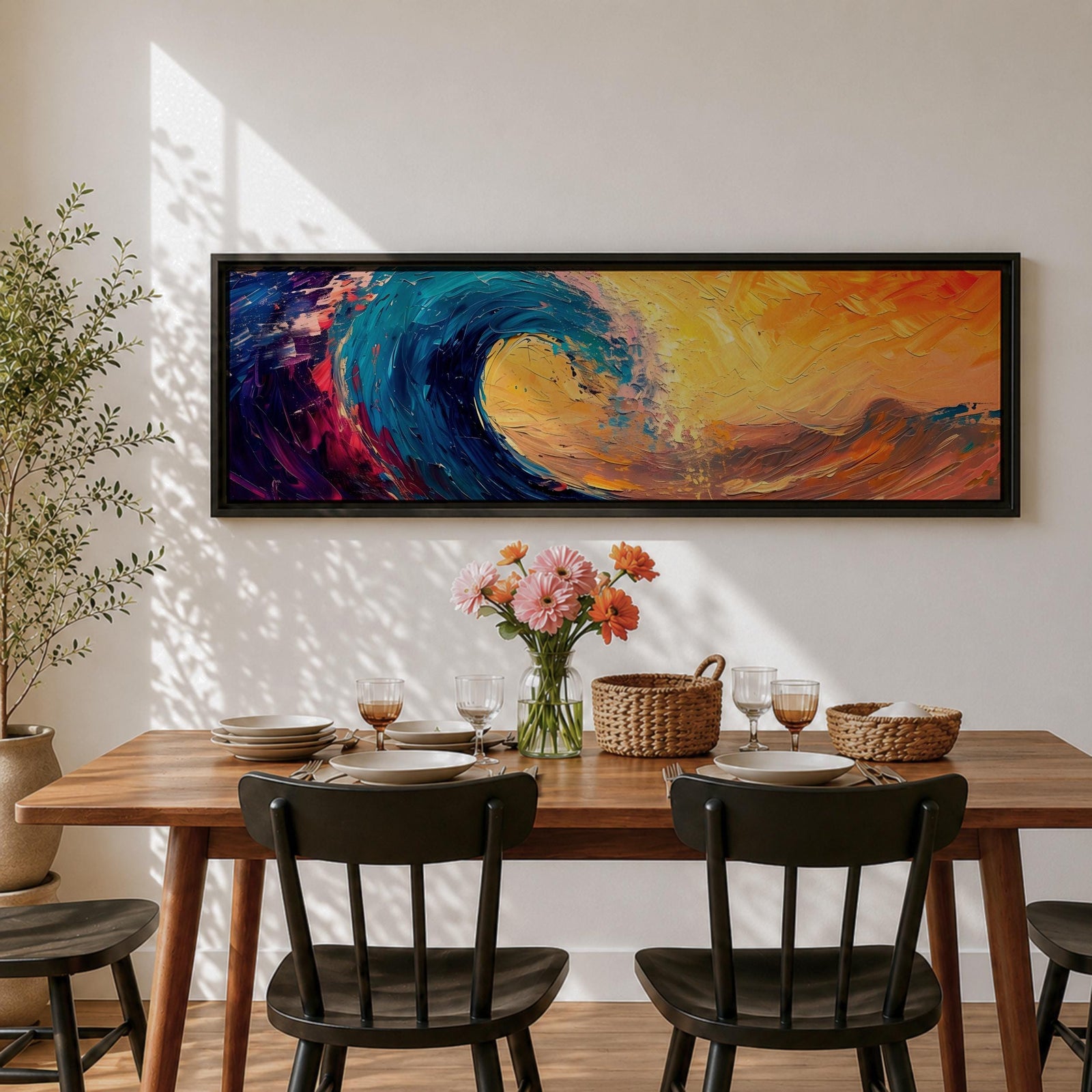 A panoramic abstract painting of a powerful ocean wave curling across the composition with thick expressive brushstrokes in deep blue, teal, orange, and gold tones, blending dramatic sunset colors with textured motion as the wave rises against a vibrant glowing sky.