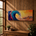 A panoramic abstract painting of a powerful ocean wave curling across the composition with thick expressive brushstrokes in deep blue, teal, orange, and gold tones, blending dramatic sunset colors with textured motion as the wave rises against a vibrant glowing sky.