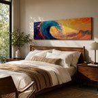 A panoramic abstract painting of a powerful ocean wave curling across the composition with thick expressive brushstrokes in deep blue, teal, orange, and gold tones, blending dramatic sunset colors with textured motion as the wave rises against a vibrant glowing sky.