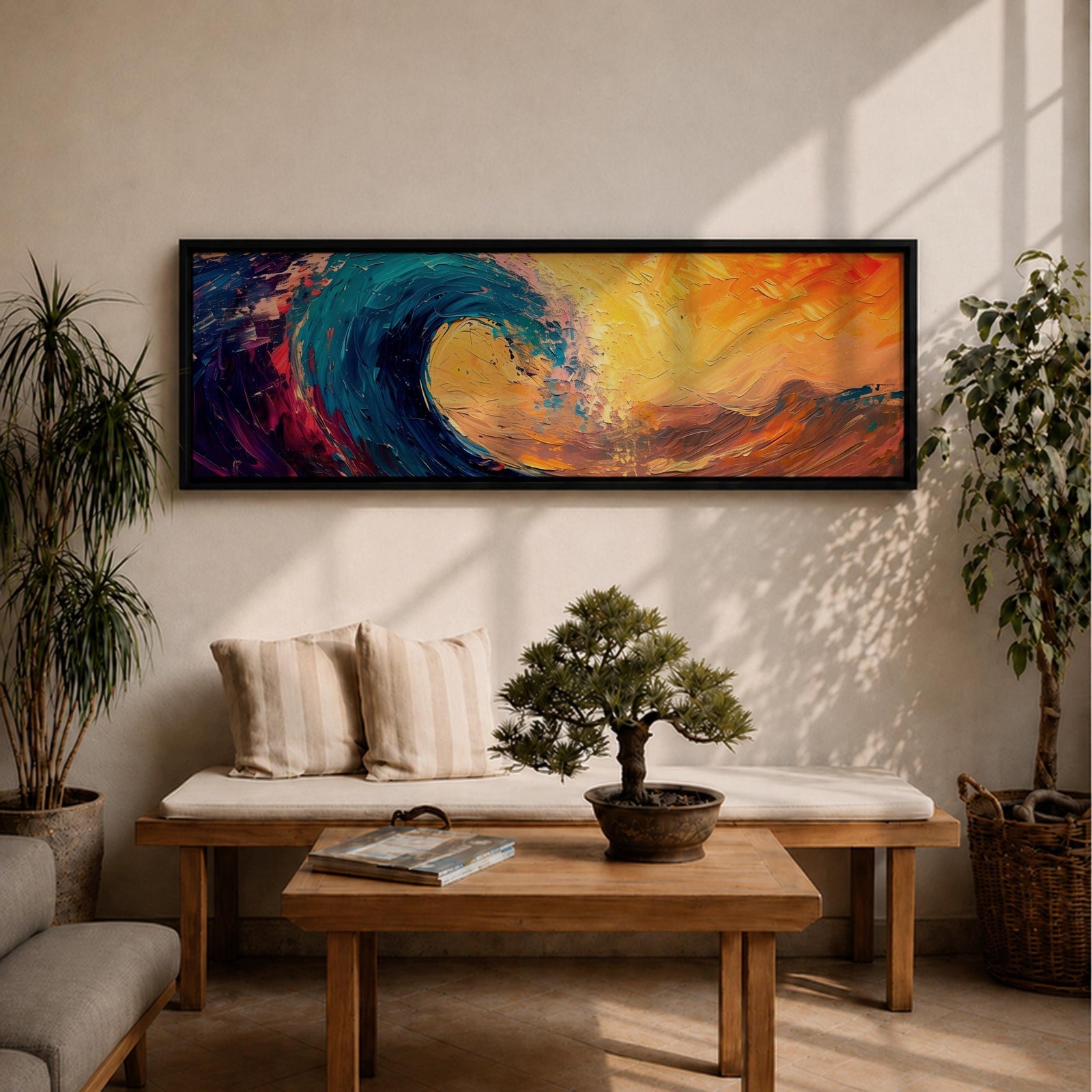 A panoramic abstract painting of a powerful ocean wave curling across the composition with thick expressive brushstrokes in deep blue, teal, orange, and gold tones, blending dramatic sunset colors with textured motion as the wave rises against a vibrant glowing sky.