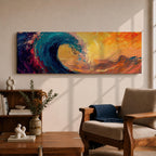 A panoramic abstract painting of a powerful ocean wave curling across the composition with thick expressive brushstrokes in deep blue, teal, orange, and gold tones, blending dramatic sunset colors with textured motion as the wave rises against a vibrant glowing sky.