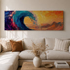 A panoramic abstract painting of a powerful ocean wave curling across the composition with thick expressive brushstrokes in deep blue, teal, orange, and gold tones, blending dramatic sunset colors with textured motion as the wave rises against a vibrant glowing sky.