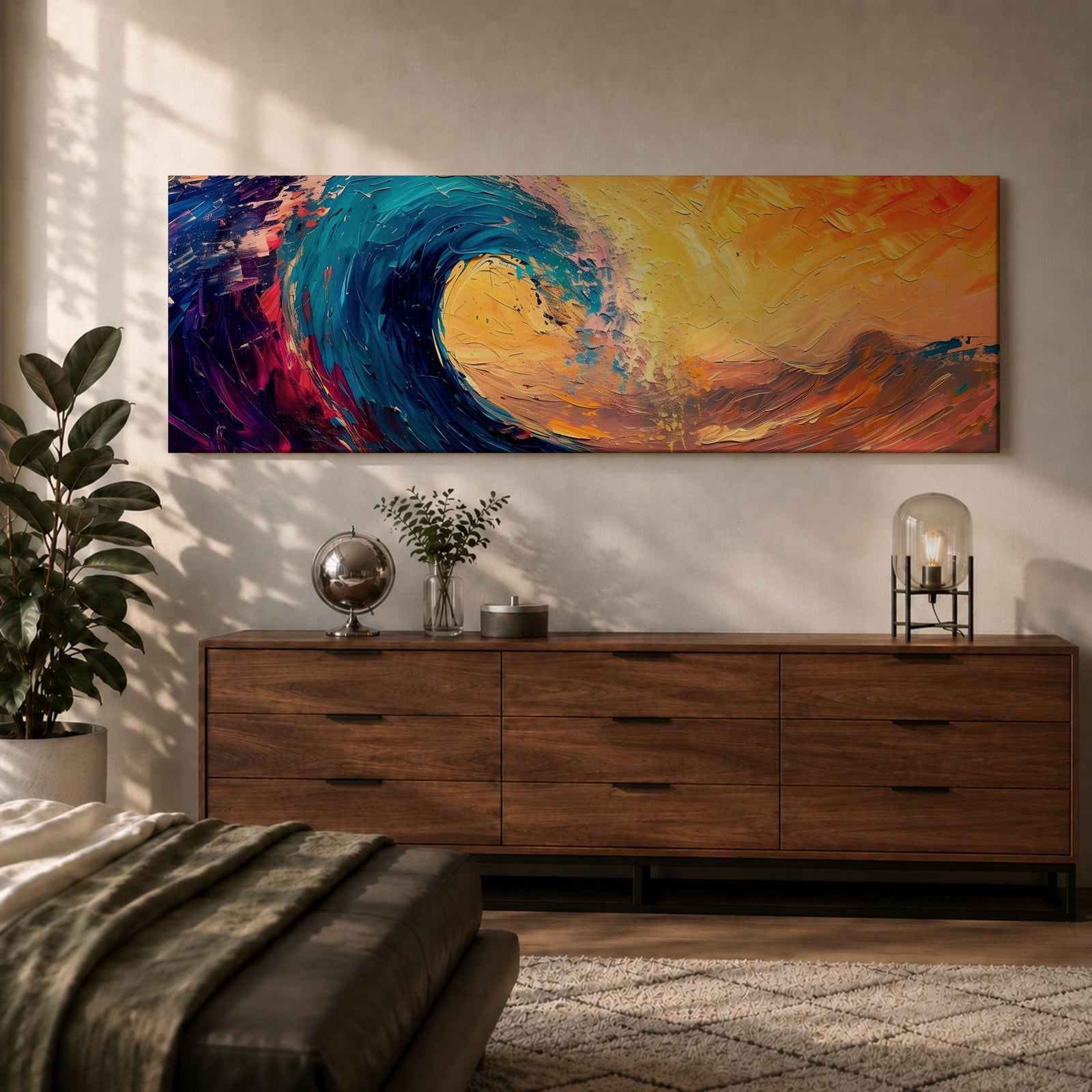 A panoramic abstract painting of a powerful ocean wave curling across the composition with thick expressive brushstrokes in deep blue, teal, orange, and gold tones, blending dramatic sunset colors with textured motion as the wave rises against a vibrant glowing sky.