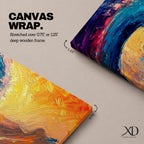 A panoramic abstract painting of a powerful ocean wave curling across the composition with thick expressive brushstrokes in deep blue, teal, orange, and gold tones, blending dramatic sunset colors with textured motion as the wave rises against a vibrant glowing sky.