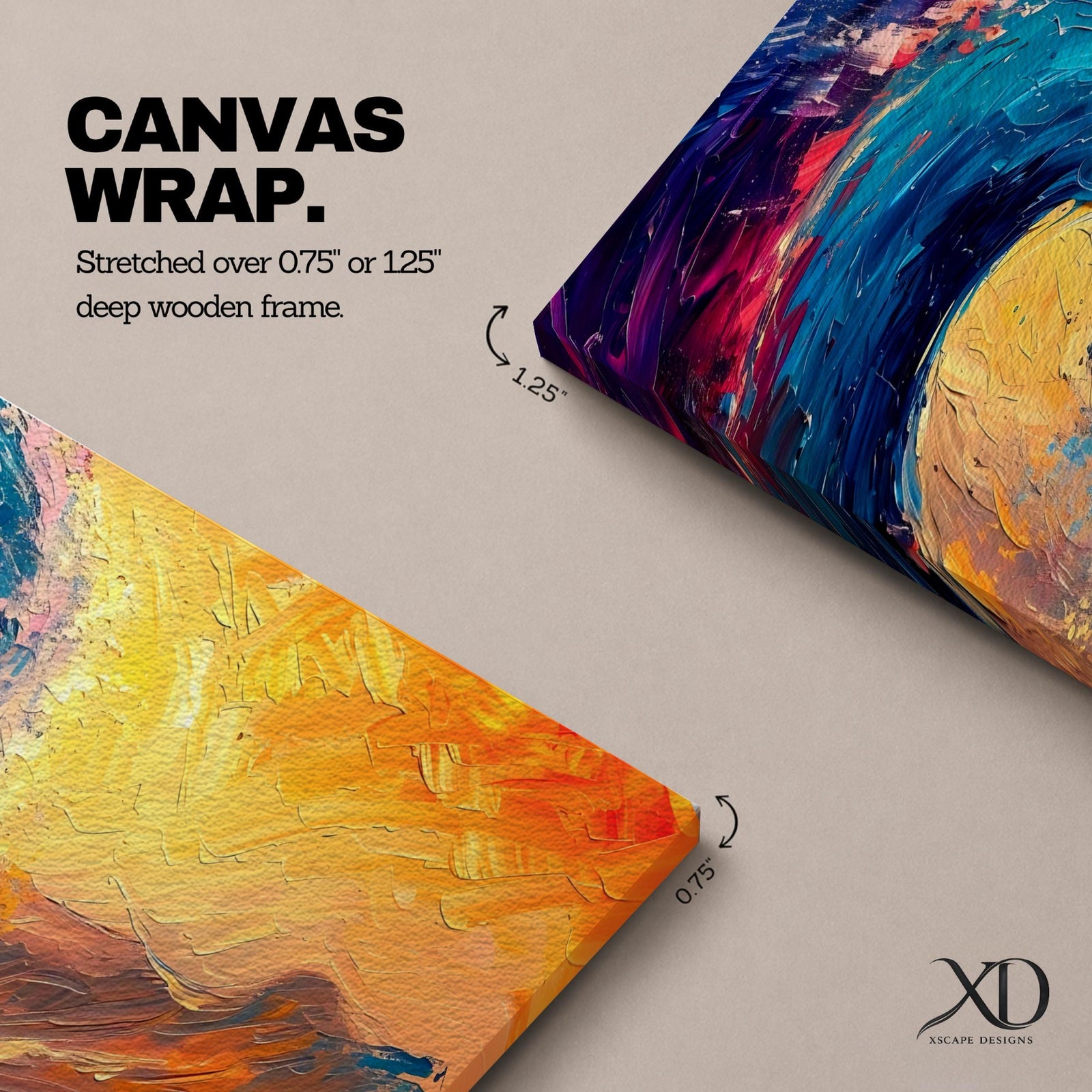 A panoramic abstract painting of a powerful ocean wave curling across the composition with thick expressive brushstrokes in deep blue, teal, orange, and gold tones, blending dramatic sunset colors with textured motion as the wave rises against a vibrant glowing sky.