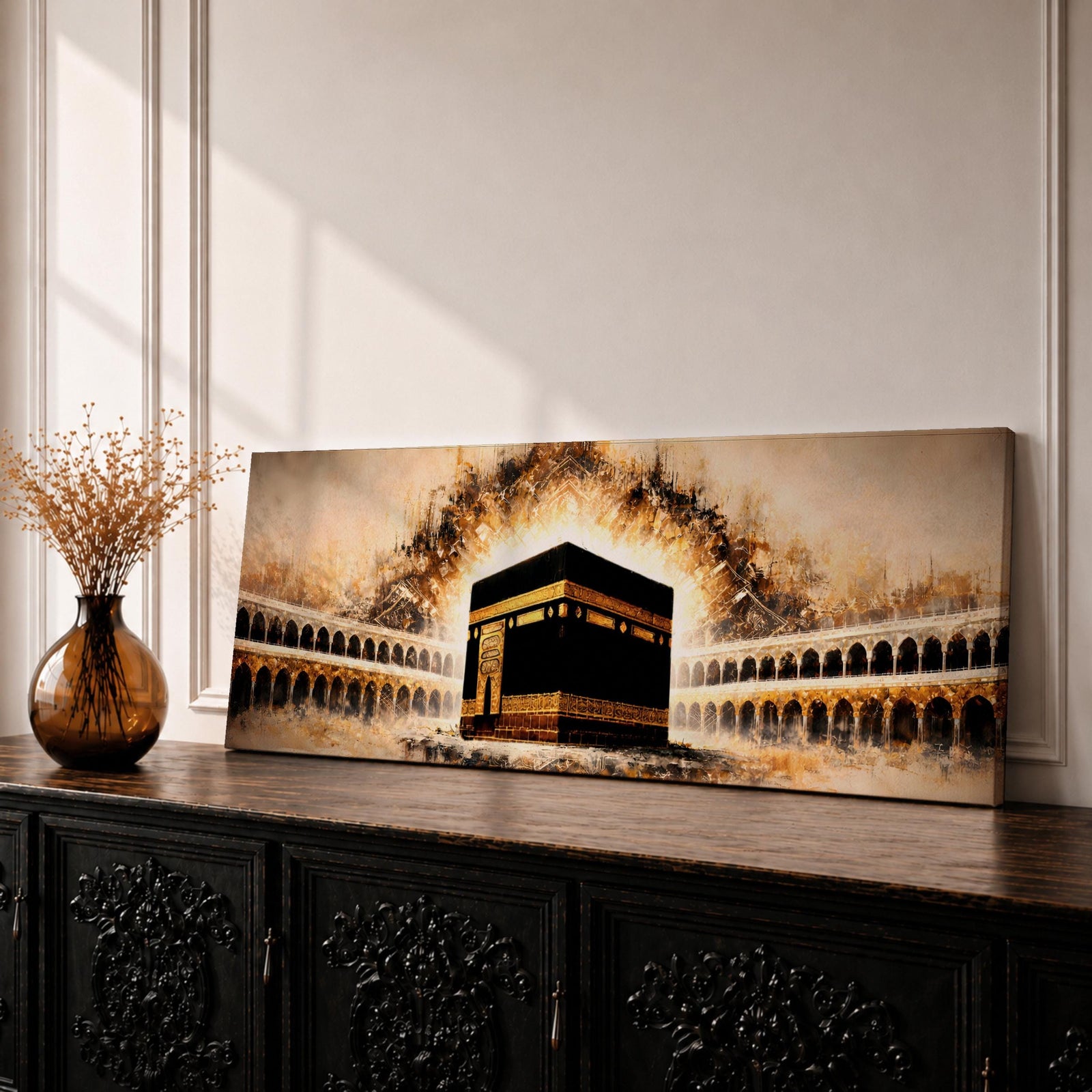 A panoramic painting of the Kaaba at the center of Masjid Al Haram surrounded by arched colonnades and glowing golden light radiating behind the sacred structure, with warm sepia tones and textured brushstrokes creating a dramatic illuminated atmosphere across the wide composition.