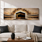 A panoramic painting of the Kaaba at the center of Masjid Al Haram surrounded by arched colonnades and glowing golden light radiating behind the sacred structure, with warm sepia tones and textured brushstrokes creating a dramatic illuminated atmosphere across the wide composition.