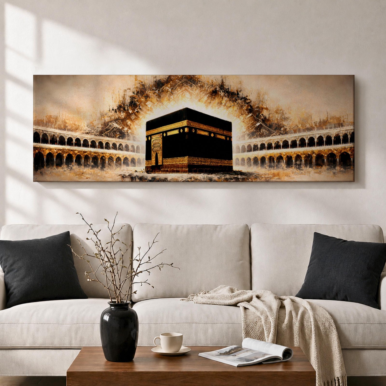 A panoramic painting of the Kaaba at the center of Masjid Al Haram surrounded by arched colonnades and glowing golden light radiating behind the sacred structure, with warm sepia tones and textured brushstrokes creating a dramatic illuminated atmosphere across the wide composition.