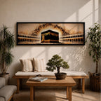 A panoramic painting of the Kaaba at the center of Masjid Al Haram surrounded by arched colonnades and glowing golden light radiating behind the sacred structure, with warm sepia tones and textured brushstrokes creating a dramatic illuminated atmosphere across the wide composition.