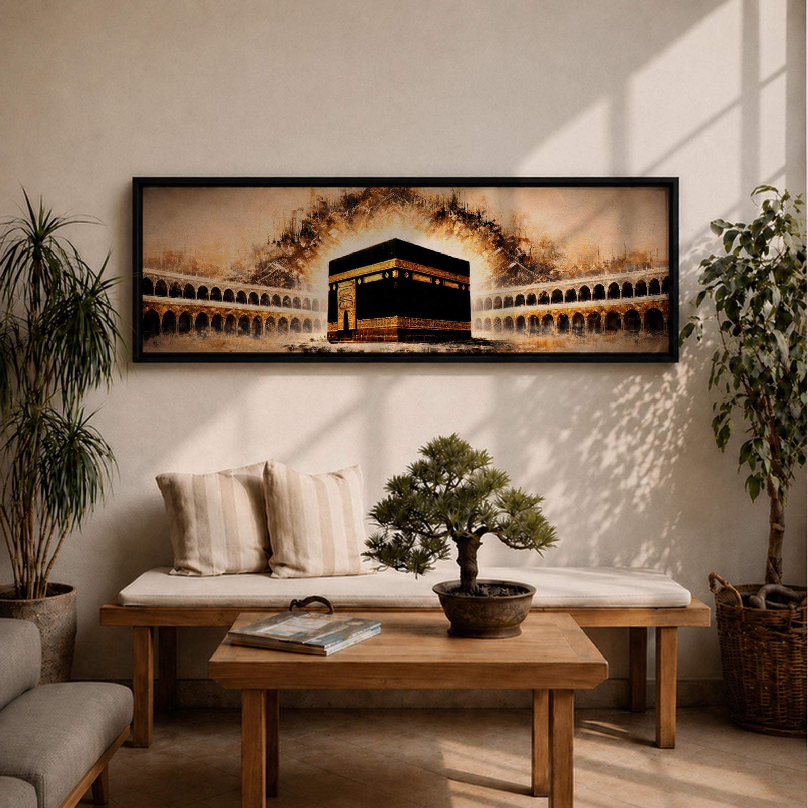 A panoramic painting of the Kaaba at the center of Masjid Al Haram surrounded by arched colonnades and glowing golden light radiating behind the sacred structure, with warm sepia tones and textured brushstrokes creating a dramatic illuminated atmosphere across the wide composition.