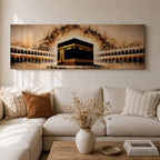 A panoramic painting of the Kaaba at the center of Masjid Al Haram surrounded by arched colonnades and glowing golden light radiating behind the sacred structure, with warm sepia tones and textured brushstrokes creating a dramatic illuminated atmosphere across the wide composition.