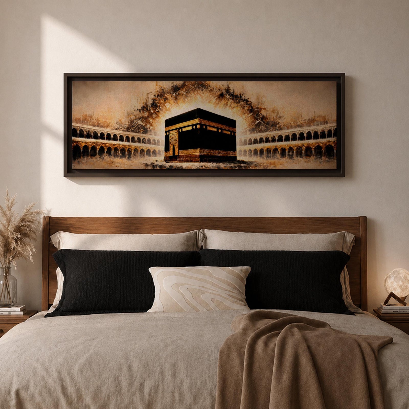 A panoramic painting of the Kaaba at the center of Masjid Al Haram surrounded by arched colonnades and glowing golden light radiating behind the sacred structure, with warm sepia tones and textured brushstrokes creating a dramatic illuminated atmosphere across the wide composition.