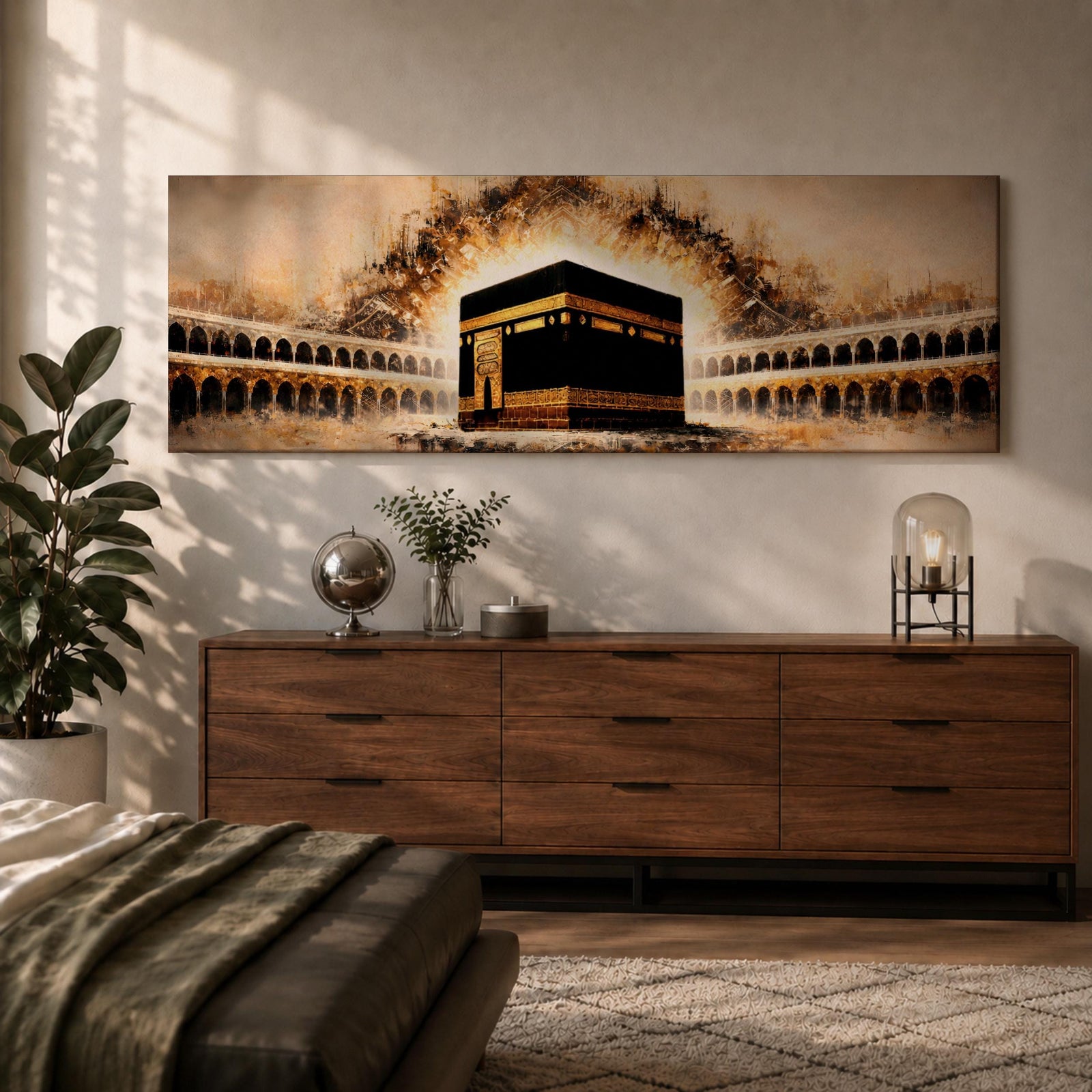 A panoramic painting of the Kaaba at the center of Masjid Al Haram surrounded by arched colonnades and glowing golden light radiating behind the sacred structure, with warm sepia tones and textured brushstrokes creating a dramatic illuminated atmosphere across the wide composition.
