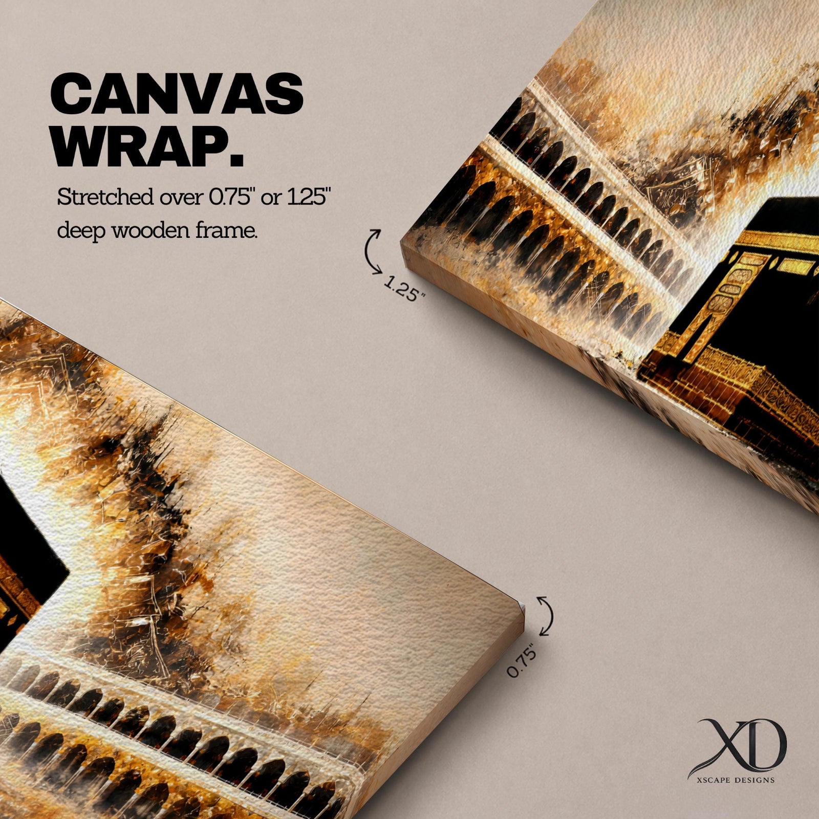 A panoramic painting of the Kaaba at the center of Masjid Al Haram surrounded by arched colonnades and glowing golden light radiating behind the sacred structure, with warm sepia tones and textured brushstrokes creating a dramatic illuminated atmosphere across the wide composition.