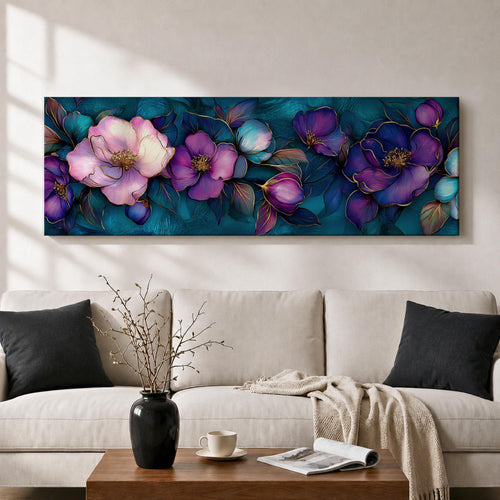 A panoramic decorative painting of camellia flowers in shades of purple and lavender with soft pink highlights, surrounded by teal leaves and outlined with fine gold accents, arranged across a deep blue green background in a flowing botanical composition that stretches horizontally across the artwork.