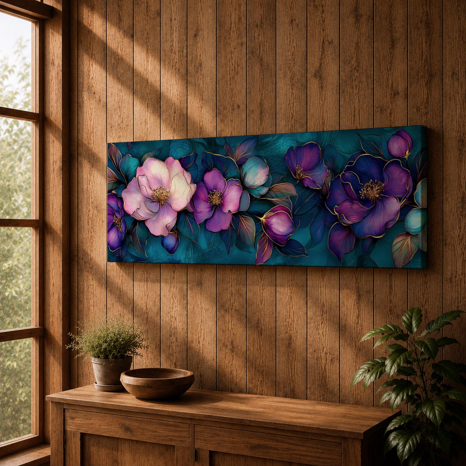 A panoramic decorative painting of camellia flowers in shades of purple and lavender with soft pink highlights, surrounded by teal leaves and outlined with fine gold accents, arranged across a deep blue green background in a flowing botanical composition that stretches horizontally across the artwork.