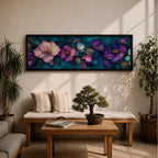 A panoramic decorative painting of camellia flowers in shades of purple and lavender with soft pink highlights, surrounded by teal leaves and outlined with fine gold accents, arranged across a deep blue green background in a flowing botanical composition that stretches horizontally across the artwork.