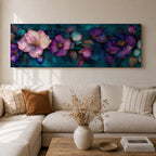 A panoramic decorative painting of camellia flowers in shades of purple and lavender with soft pink highlights, surrounded by teal leaves and outlined with fine gold accents, arranged across a deep blue green background in a flowing botanical composition that stretches horizontally across the artwork.