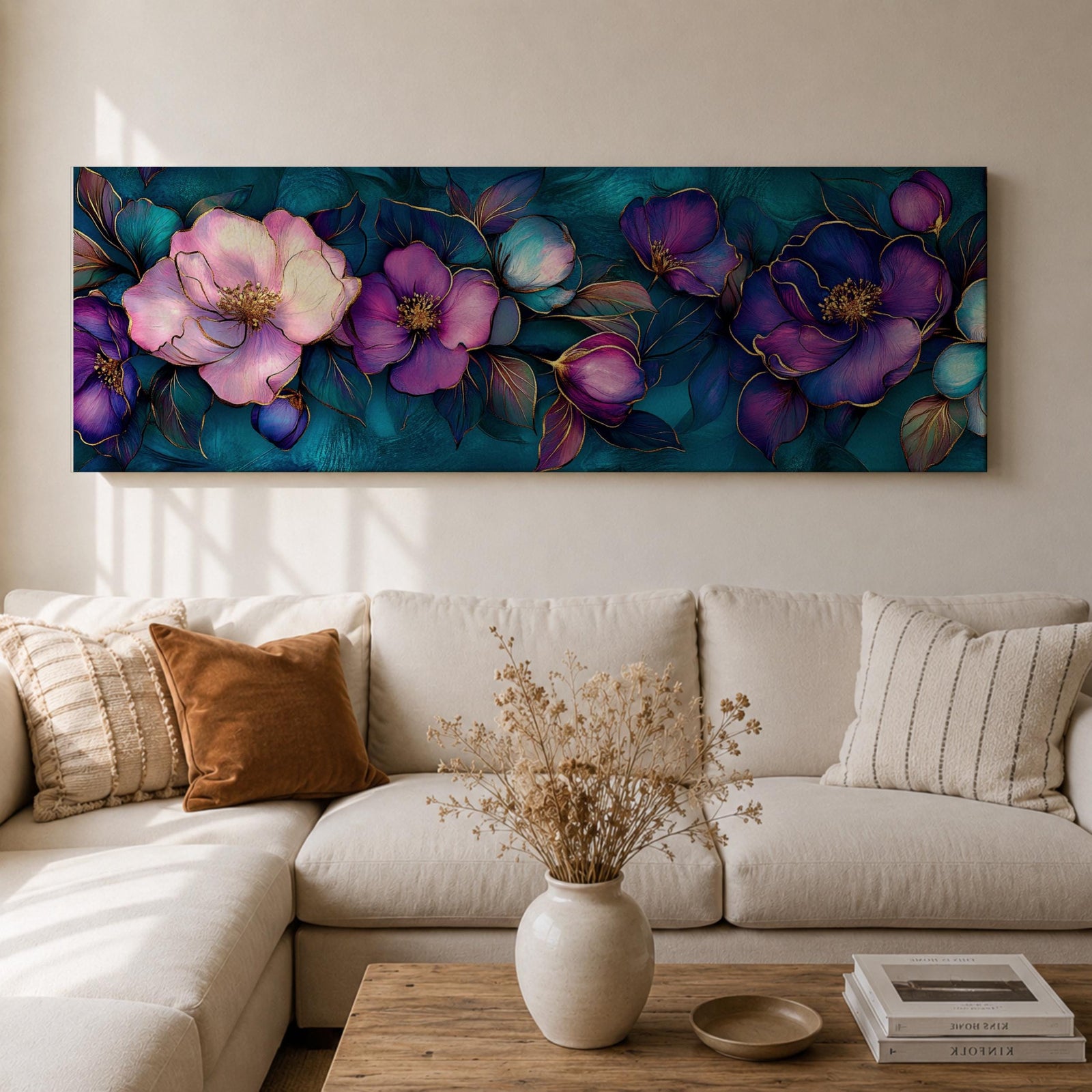 A panoramic decorative painting of camellia flowers in shades of purple and lavender with soft pink highlights, surrounded by teal leaves and outlined with fine gold accents, arranged across a deep blue green background in a flowing botanical composition that stretches horizontally across the artwork.