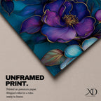 A panoramic decorative painting of camellia flowers in shades of purple and lavender with soft pink highlights, surrounded by teal leaves and outlined with fine gold accents, arranged across a deep blue green background in a flowing botanical composition that stretches horizontally across the artwork.