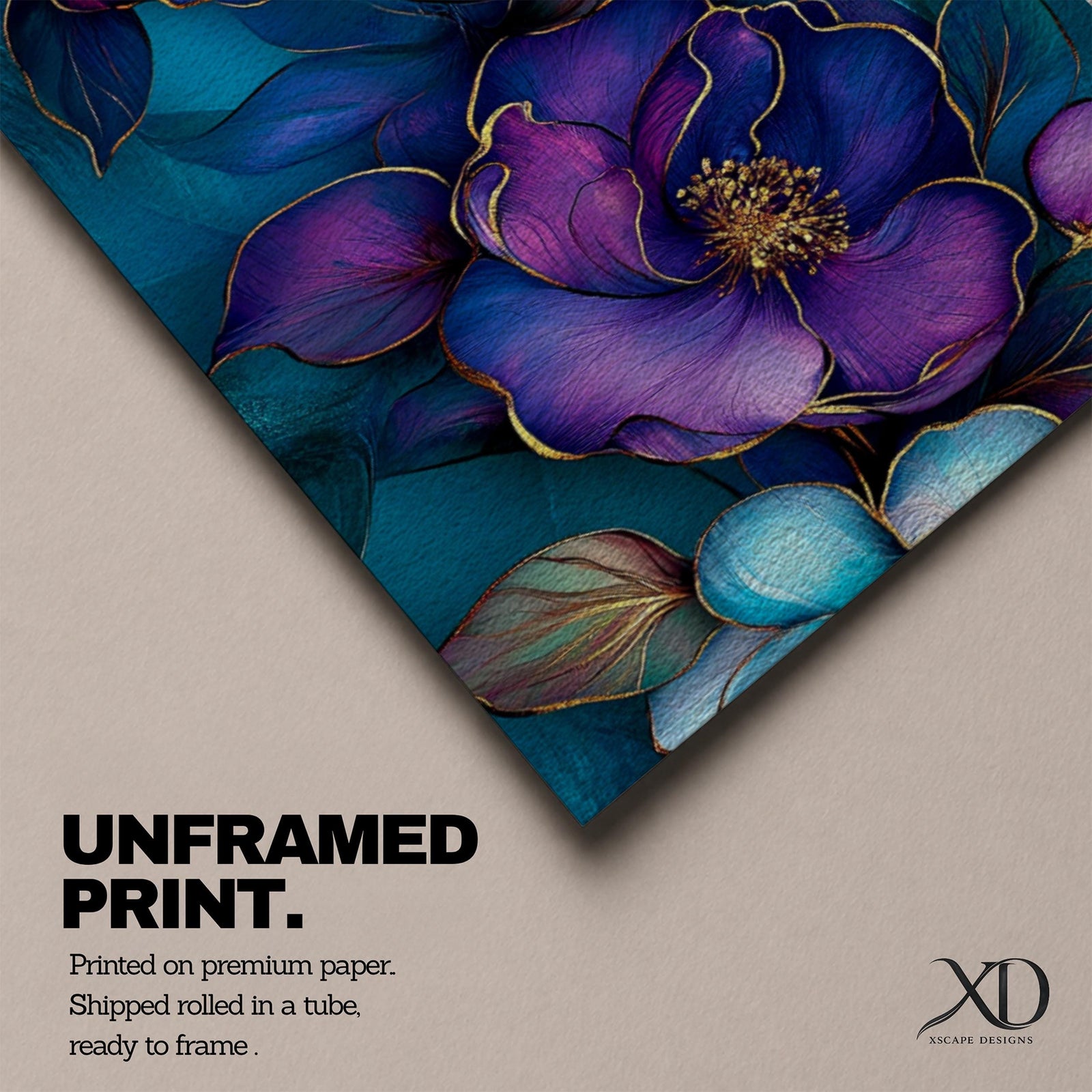 A panoramic decorative painting of camellia flowers in shades of purple and lavender with soft pink highlights, surrounded by teal leaves and outlined with fine gold accents, arranged across a deep blue green background in a flowing botanical composition that stretches horizontally across the artwork.