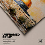 A panoramic painting of the Dome of the Rock with its golden dome rising above the Jerusalem skyline surrounded by trees and historic architecture, with flowing Arabic calligraphy across the sky and warm golden light illuminating the landscape in a wide horizontal composition.
