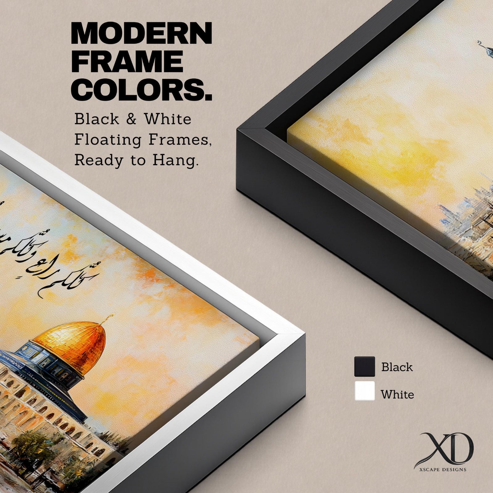 A panoramic painting of the Dome of the Rock with its golden dome rising above the Jerusalem skyline surrounded by trees and historic architecture, with flowing Arabic calligraphy across the sky and warm golden light illuminating the landscape in a wide horizontal composition.