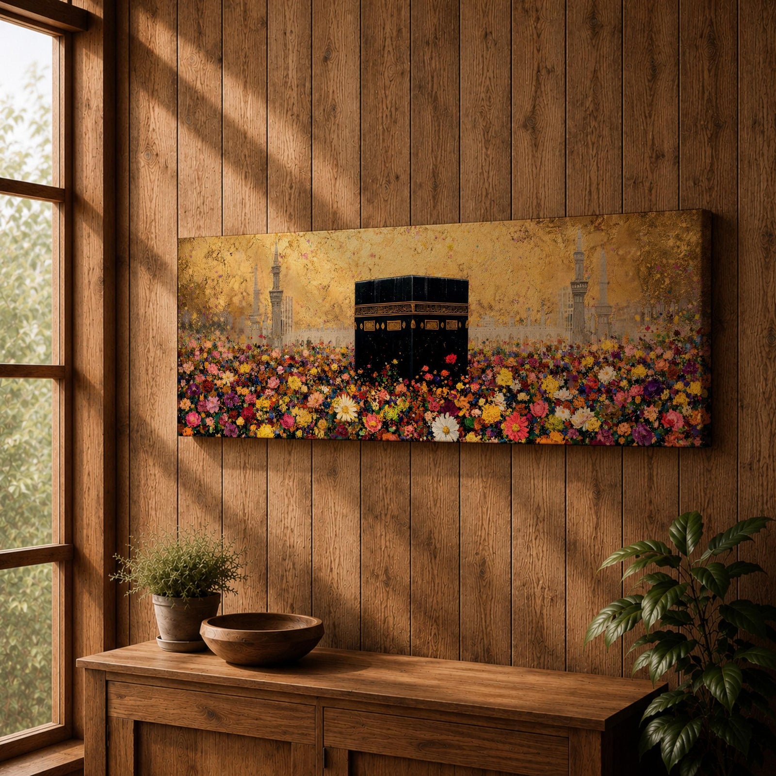 A panoramic painting of the Kaaba standing at the center of a vibrant field of colorful flowers with red, pink, yellow, and white blossoms stretching across the foreground, set against a glowing gold textured background with faint mosque silhouettes and minarets surrounding the sacred structure.