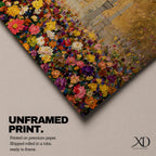 A panoramic painting of the Kaaba standing at the center of a vibrant field of colorful flowers with red, pink, yellow, and white blossoms stretching across the foreground, set against a glowing gold textured background with faint mosque silhouettes and minarets surrounding the sacred structure.