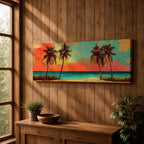 A panoramic tropical beach painting showing tall palm trees silhouetted against a vivid sunset sky with warm red, orange, and turquoise tones, overlooking a calm ocean horizon and sandy shoreline, creating a vibrant coastal landscape stretching across the wide horizontal composition.