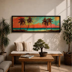 A panoramic tropical beach painting showing tall palm trees silhouetted against a vivid sunset sky with warm red, orange, and turquoise tones, overlooking a calm ocean horizon and sandy shoreline, creating a vibrant coastal landscape stretching across the wide horizontal composition.