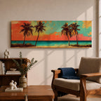 A panoramic tropical beach painting showing tall palm trees silhouetted against a vivid sunset sky with warm red, orange, and turquoise tones, overlooking a calm ocean horizon and sandy shoreline, creating a vibrant coastal landscape stretching across the wide horizontal composition.