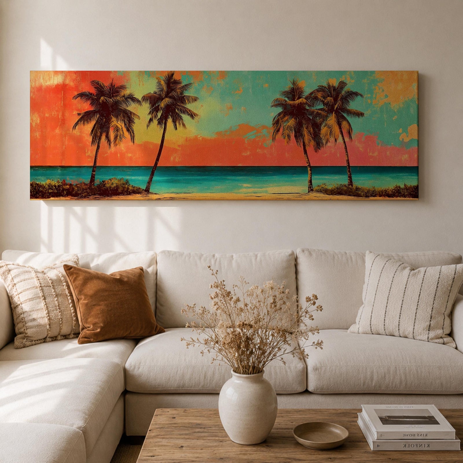 A panoramic tropical beach painting showing tall palm trees silhouetted against a vivid sunset sky with warm red, orange, and turquoise tones, overlooking a calm ocean horizon and sandy shoreline, creating a vibrant coastal landscape stretching across the wide horizontal composition.