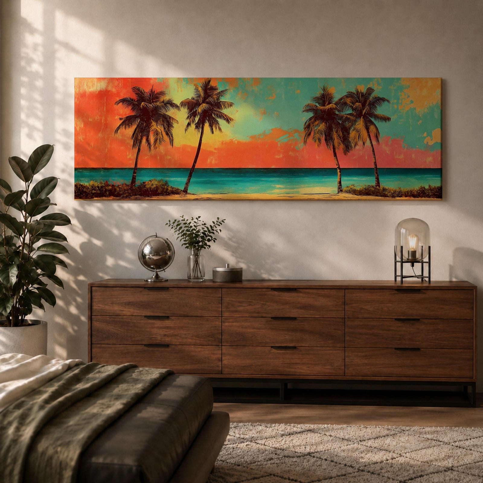 A panoramic tropical beach painting showing tall palm trees silhouetted against a vivid sunset sky with warm red, orange, and turquoise tones, overlooking a calm ocean horizon and sandy shoreline, creating a vibrant coastal landscape stretching across the wide horizontal composition.