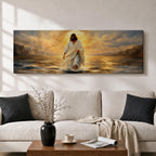 A panoramic painting of Jesus walking across the surface of the sea beneath a glowing golden sunset, his flowing white robes illuminated by radiant light as waves ripple around his feet while distant mountains and dramatic clouds frame the horizon.