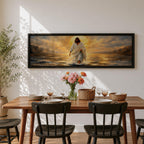 A panoramic painting of Jesus walking across the surface of the sea beneath a glowing golden sunset, his flowing white robes illuminated by radiant light as waves ripple around his feet while distant mountains and dramatic clouds frame the horizon.
