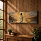 A panoramic painting of Jesus walking across the surface of the sea beneath a glowing golden sunset, his flowing white robes illuminated by radiant light as waves ripple around his feet while distant mountains and dramatic clouds frame the horizon.