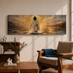 A panoramic painting of Jesus walking across the surface of the sea beneath a glowing golden sunset, his flowing white robes illuminated by radiant light as waves ripple around his feet while distant mountains and dramatic clouds frame the horizon.