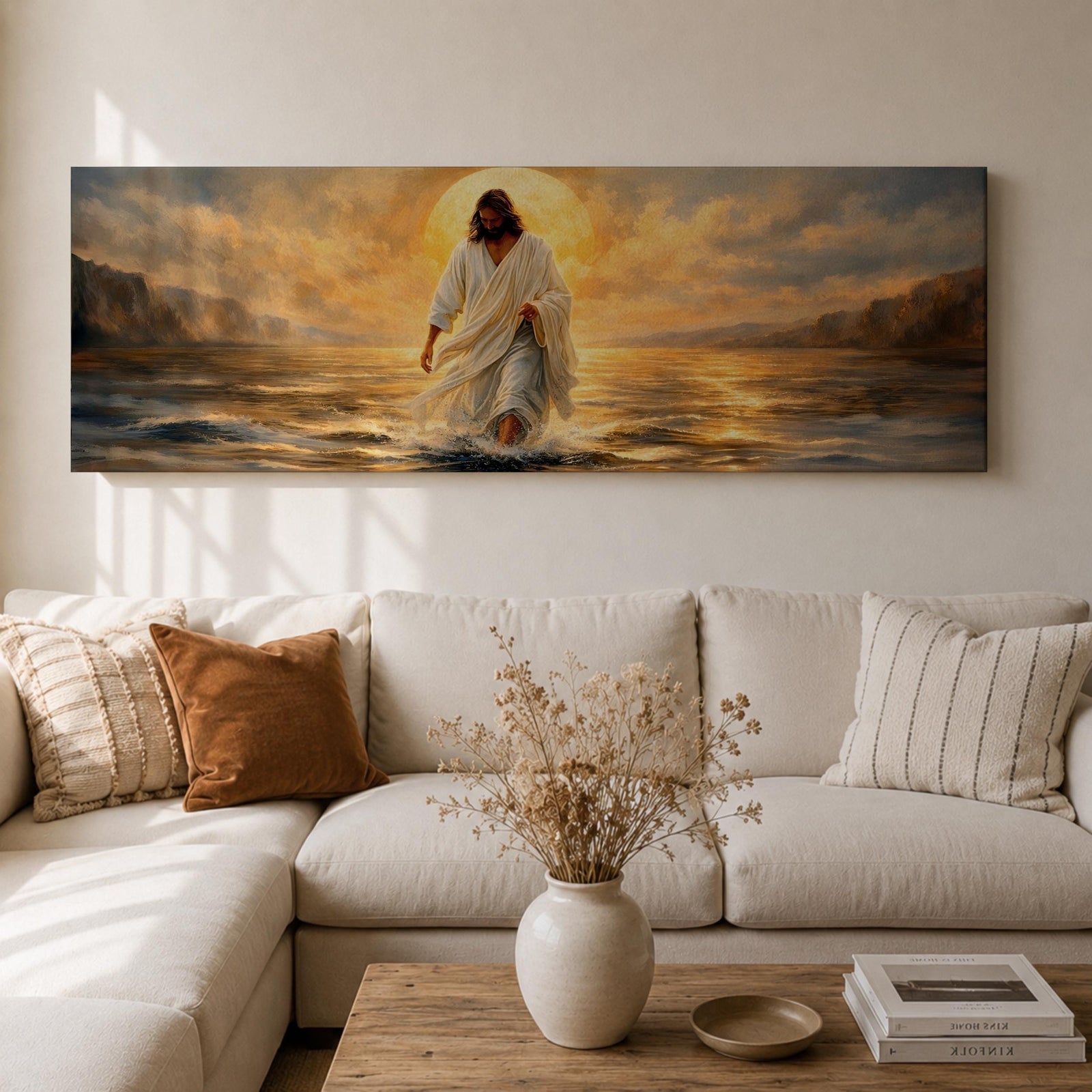 A panoramic painting of Jesus walking across the surface of the sea beneath a glowing golden sunset, his flowing white robes illuminated by radiant light as waves ripple around his feet while distant mountains and dramatic clouds frame the horizon.